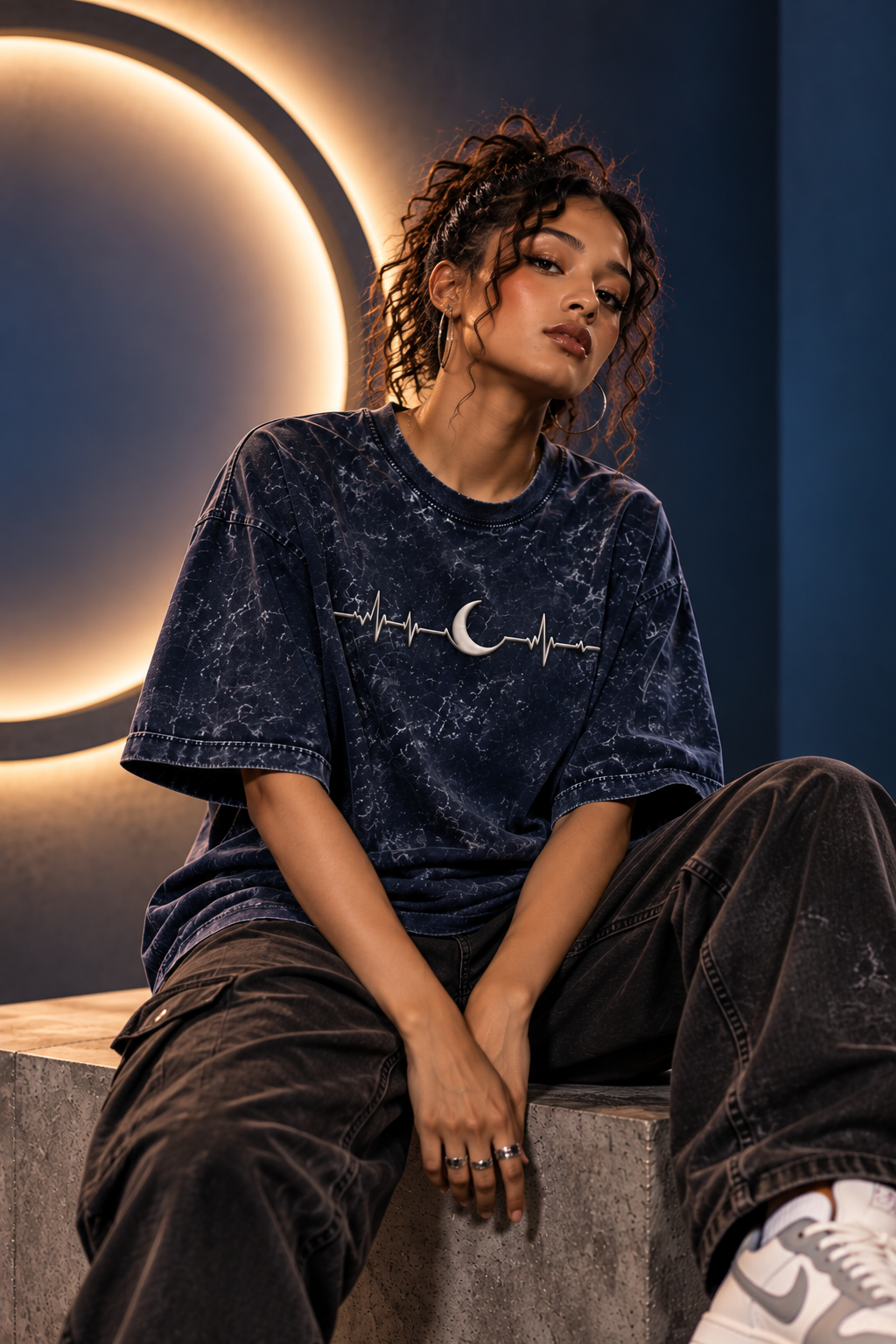 Moon Pulse – Unisex Acid Wash Oversized T-Shirt – Puff Print