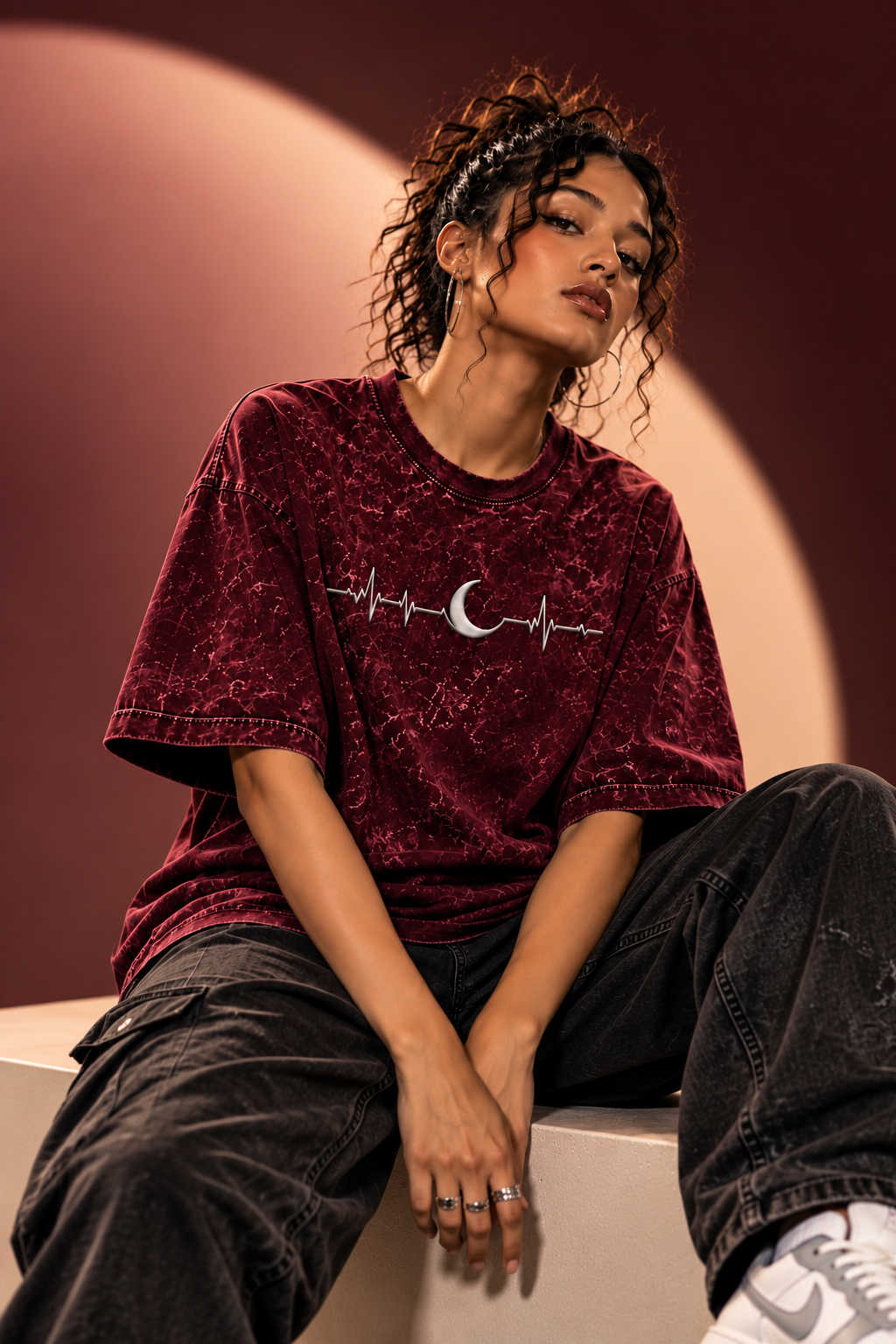 Moon Pulse – Unisex Acid Wash Oversized T-Shirt – Puff Print
